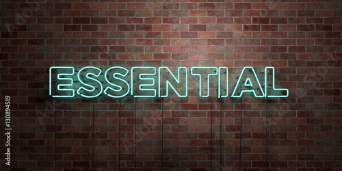 ESSENTIAL - fluorescent Neon tube Sign on brickwork - Front view - 3D rendered royalty free stock picture. Can be used for online banner ads and direct mailers..