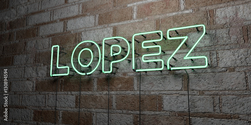 LOPEZ - Glowing Neon Sign on stonework wall - 3D rendered royalty free stock illustration.  Can be used for online banner ads and direct mailers..