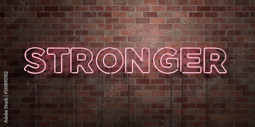 STRONGER - fluorescent Neon tube Sign on brickwork - Front view - 3D rendered royalty free stock picture. Can be used for online banner ads and direct mailers.. photo