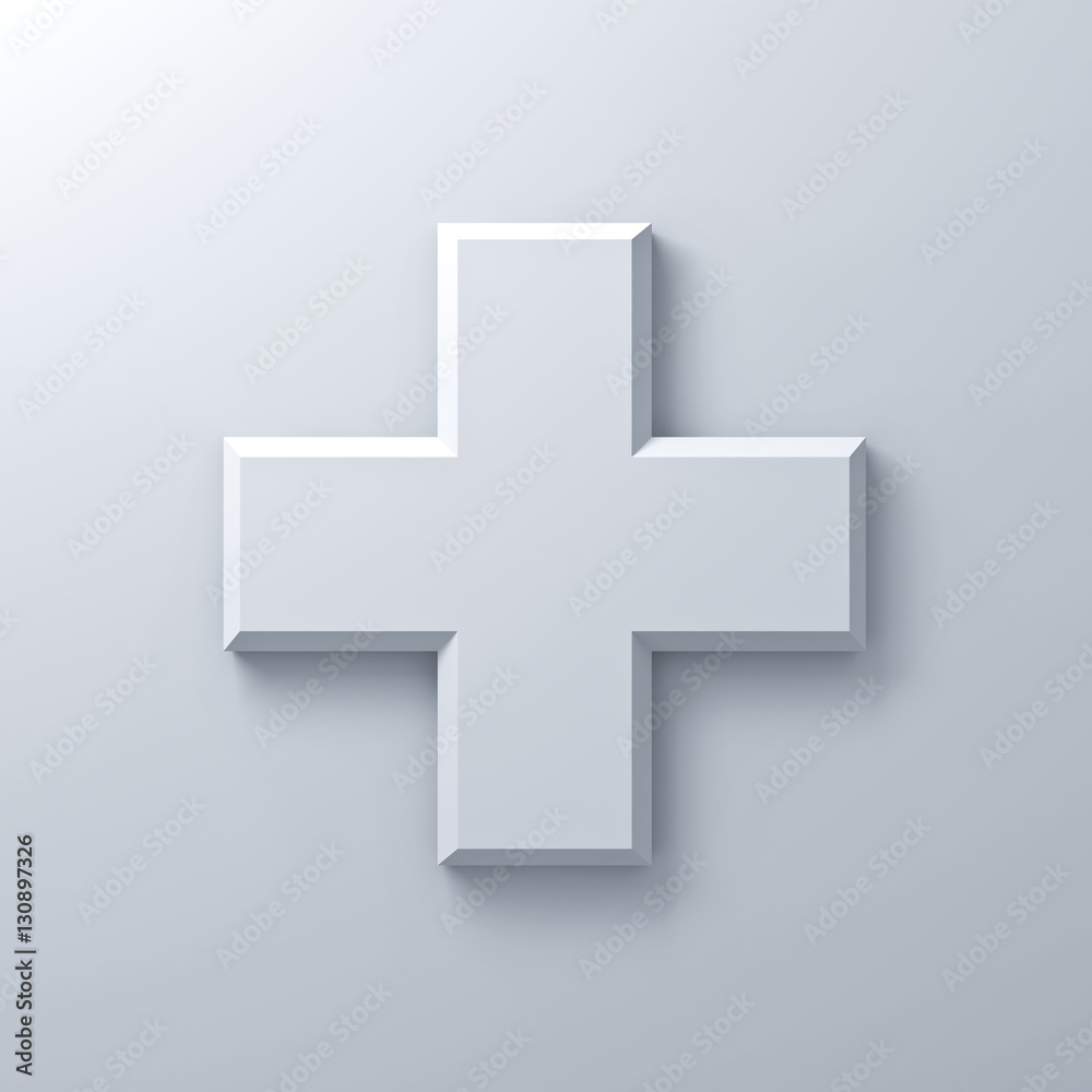 White plus sign abstract on white wall background with shadow 3D rendering White plus sign abstract on white wall background with shadow 3D rendering