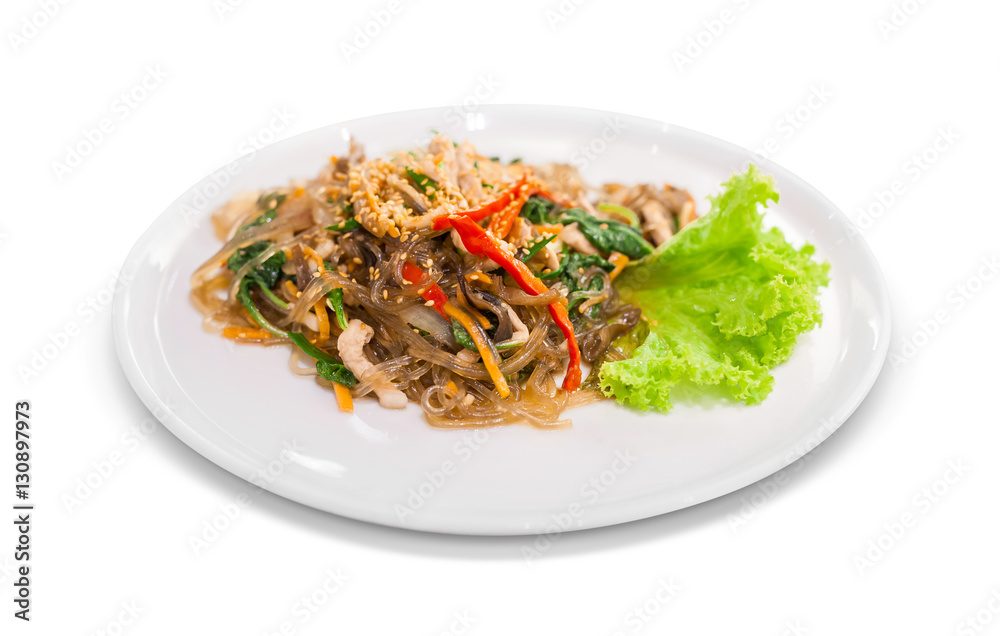 fried vermicelli korean food with mushroom and white sesame on w