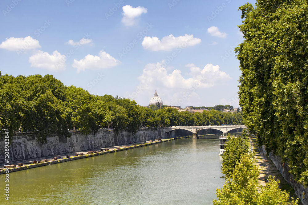 View of Tiber river on a sunny day in summer in Rome