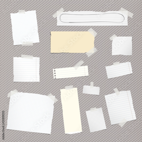 Pieces of different size ripped note, notebook, copybook paper sheets stuck with sticky tape on squared pattern