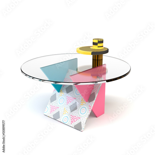 Cute bright colorful table in the style of Memphis with shadow o