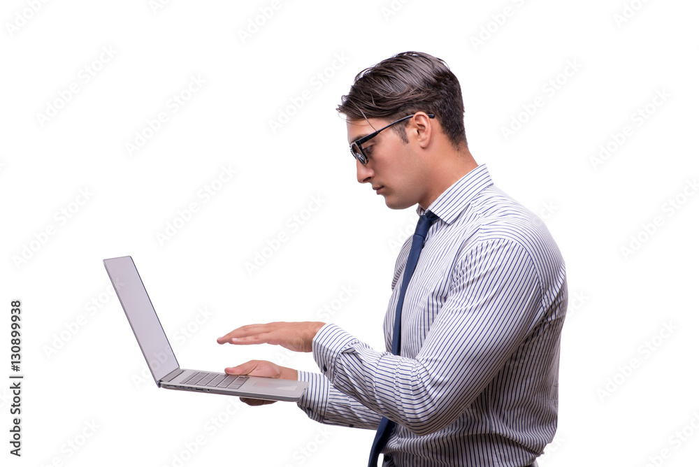 Handsome businessman working with laptop computer isolated on wh Handsome businessman working with laptop computer isolated on wh