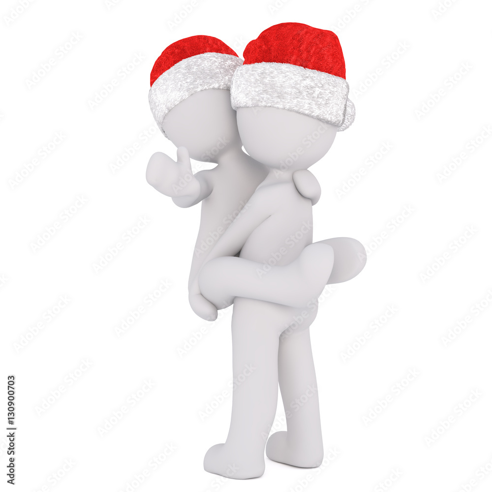 3d toon in Santa hat carrying waving friend 3d toon in Santa hat carrying waving friend