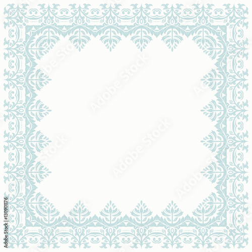 Classic vector light blue square frame with arabesques and orient elements. Abstract ornament with place for text, Vintage pattern