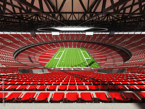 3D render of a round football stadium with read seats and open roof