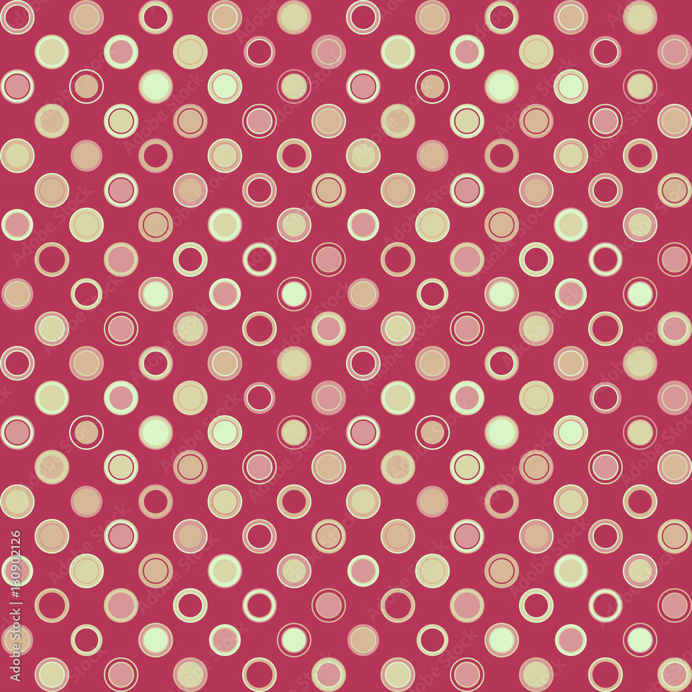 Vintage Seamless Pattern. Consists of geometric elements having round shape and different color, located on a red background. Useful as design element for texture, pattern and artistic composition.