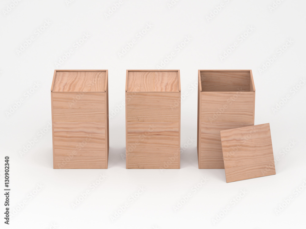 Three wooden box packaging mockup with opened cover. 3d rendering