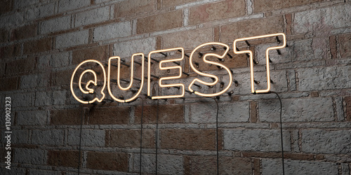 QUEST - Glowing Neon Sign on stonework wall - 3D rendered royalty free stock illustration.  Can be used for online banner ads and direct mailers..
