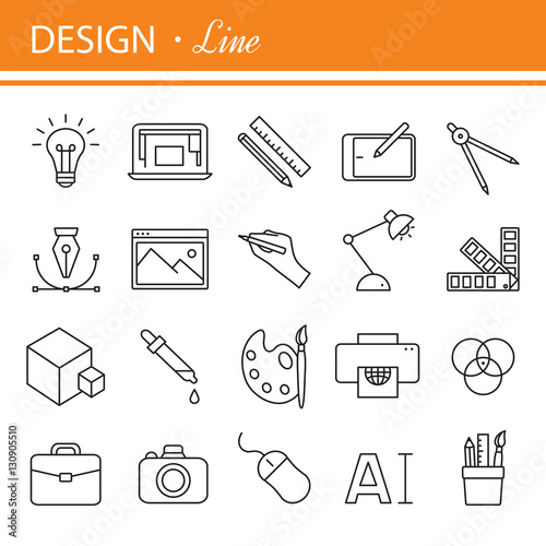Printing and graphic design icons in thin outlines.