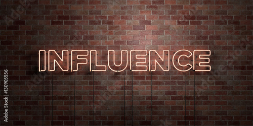 INFLUENCE - fluorescent Neon tube Sign on brickwork - Front view - 3D rendered royalty free stock picture. Can be used for online banner ads and direct mailers.. photo
