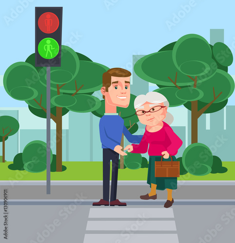 Young man character help old woman cross the street. Vector flat cartoon illustration