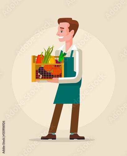 Worker man hold box full of vegetables. Vector flat cartoon illustration 