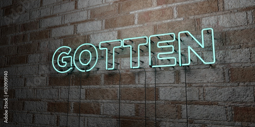 GOTTEN - Glowing Neon Sign on stonework wall - 3D rendered royalty free stock illustration. Can be used for online banner ads and direct mailers..