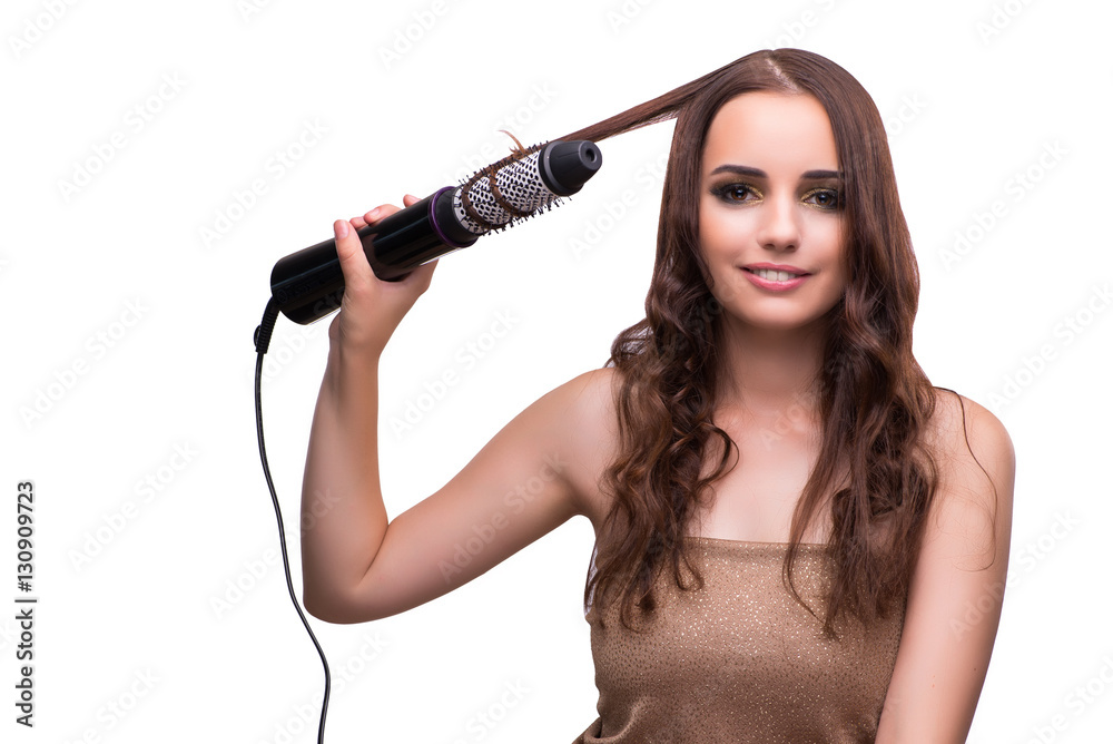 Young beautiful woman with hair dryer isolated on white