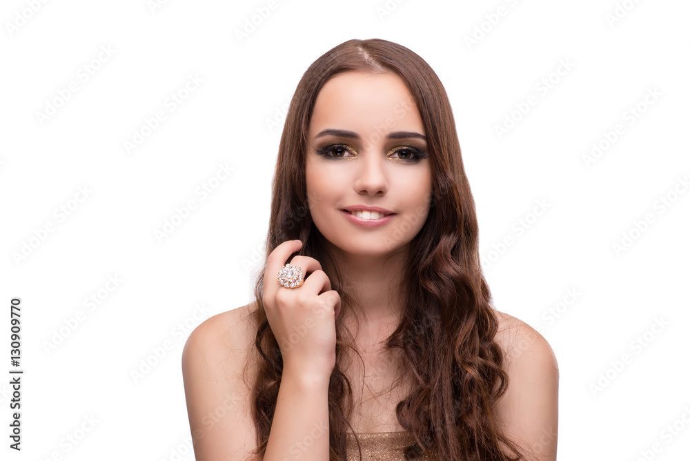 Young woman showing off her jewellery isolated on white Young woman showing off her jewellery isolated on white