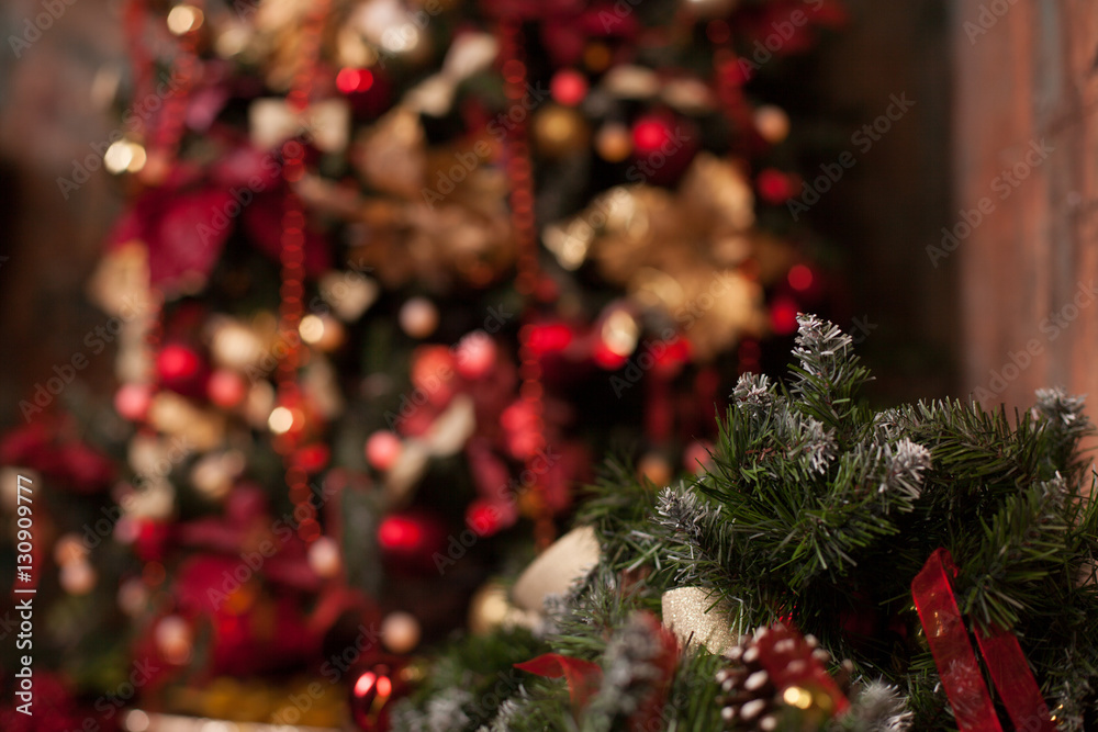 Close up of Christmas tree with ornaments of baubles, snowflakes, sleighs, lights. Close up of Christmas tree with ornaments of baubles, snowflakes, sleighs, lights.