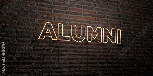 ALUMNI -Realistic Neon Sign on Brick Wall background - 3D rendered royalty free stock image. Can be used for online banner ads and direct mailers..