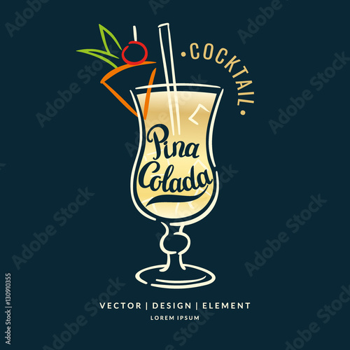 Illustration with hand drawn Pina Colada cocktail