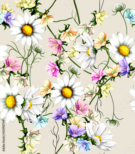 Watercolor poppy, cornflower, daisy wild flowers background