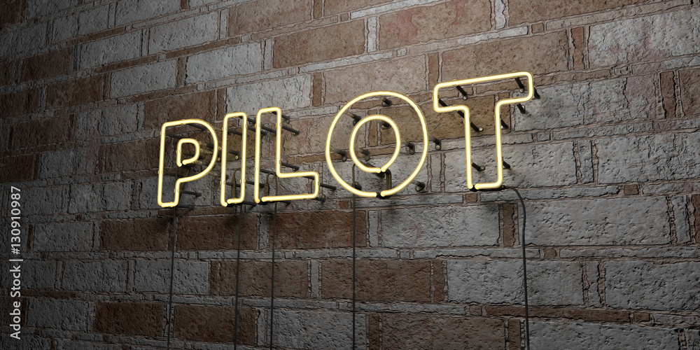 PILOT - Glowing Neon Sign on stonework wall - 3D rendered royalty free stock illustration.  Can be used for online banner ads and direct mailers..