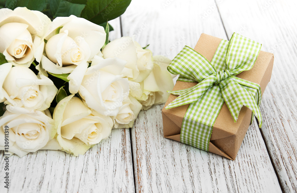 White roses and gift box White roses and gift box