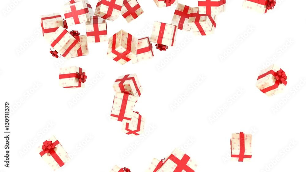 Falling Christmas gift boxes on white background. Alpha Matte. Falling Christmas gift boxes on white background. Alpha Matte.