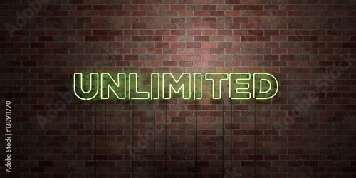 UNLIMITED - fluorescent Neon tube Sign on brickwork - Front view - 3D rendered royalty free stock picture. Can be used for online banner ads and direct mailers.. photo