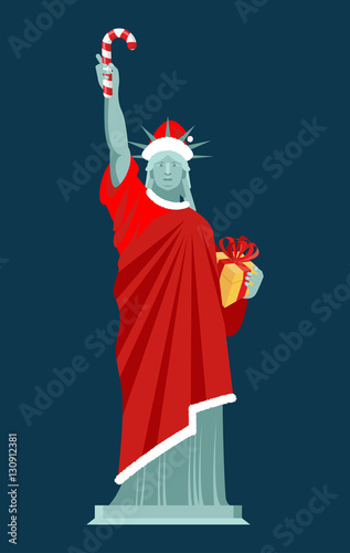 Santa Statue of Liberty. Candy cane and gift box. Monument in su