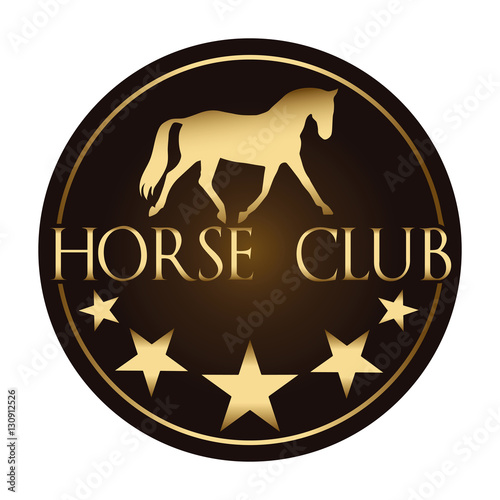 Round logo vector image of golden horse & stars on a dark background. Horse logo template. Logo element, icon. Suitable for riding dressage school, farm, ranch, stable, club logo, visiting card. 
