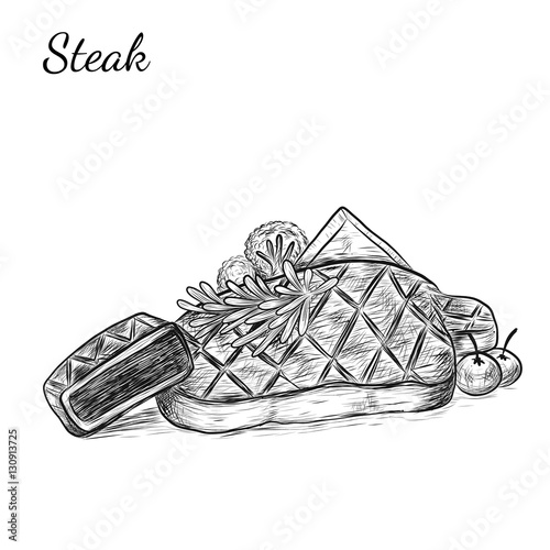 Hand drawn sketch ribeye steak. Isolated vector food illustration on white background