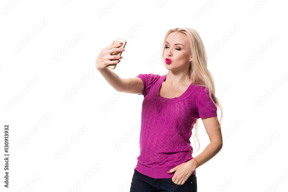 blonde doing selfie on isolated white background blonde doing selfie on isolated white background