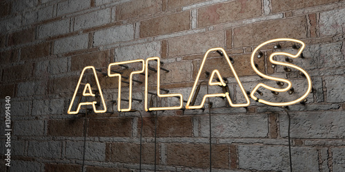 ATLAS - Glowing Neon Sign on stonework wall - 3D rendered royalty free stock illustration. Can be used for online banner ads and direct mailers..