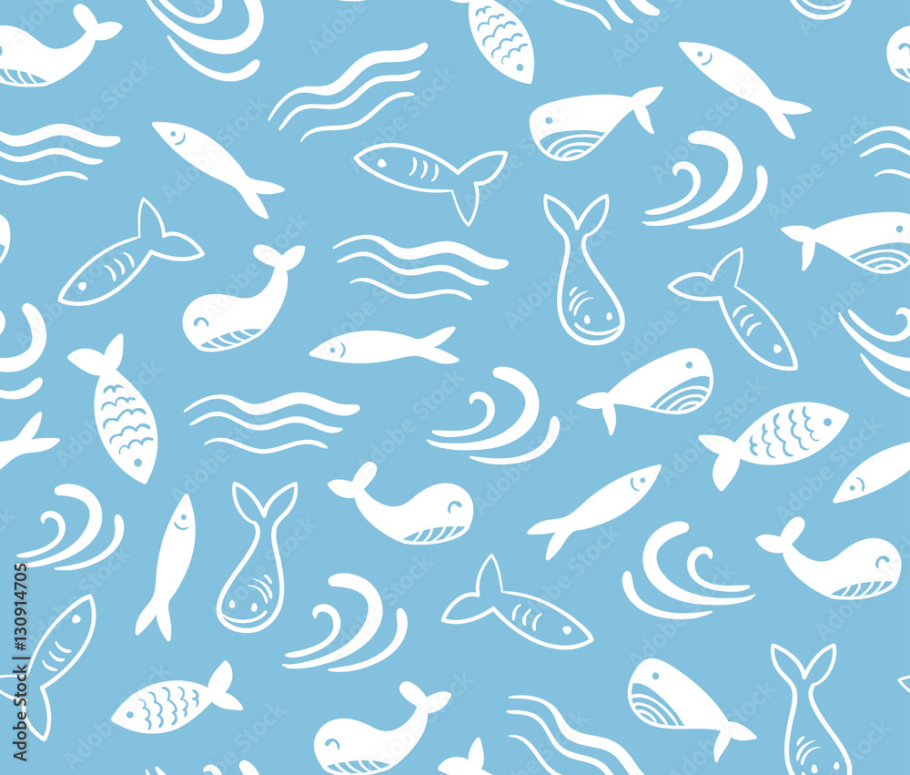Seamless vector pattern with little cute fish cartoon. Surface design for  fabric, wallpaper and wrapping paper. Stock Vector | Adobe Stock