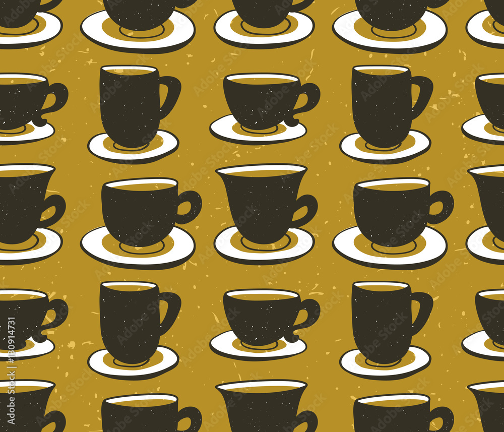 Stylish illustration with cups of coffee. Vector seamless pattern. Hipster design. Vector background with space elements.
