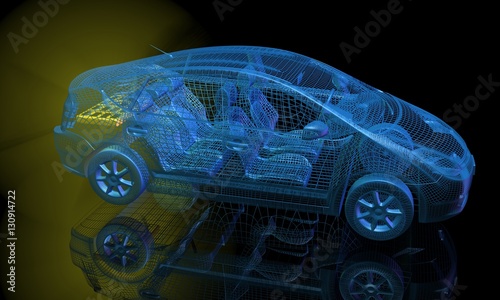 3d render of blue electric car with yellow glowing battery. Side view