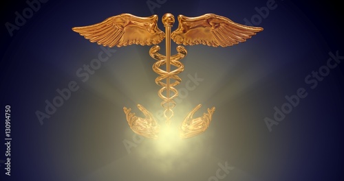 Bilde på lerret End of Life care with medical caduceus symbol and open hands, energy orb, glow and light rays, smoke emanating outward