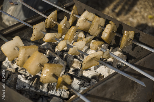 Cooking on the nature. Roasting tasty bacon on the brazier with bonfire and coal photo