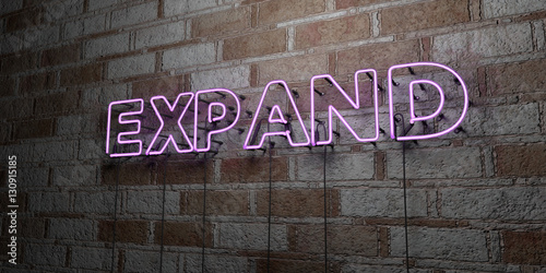 EXPAND - Glowing Neon Sign on stonework wall - 3D rendered royalty free stock illustration. Can be used for online banner ads and direct mailers..