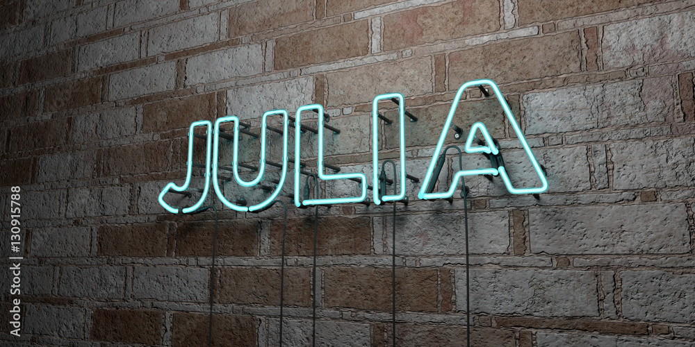 JULIA - Glowing Neon Sign on stonework wall - 3D rendered royalty free stock illustration.  Can be used for online banner ads and direct mailers.. - obrazy, fototapety, plakaty 
