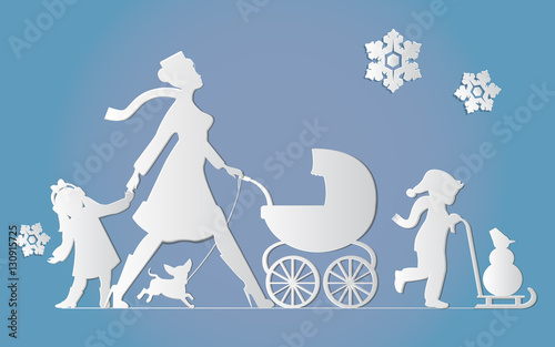 Woman with children and dogs. Super mother walks with children.