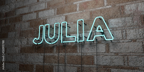 JULIA - Glowing Neon Sign on stonework wall - 3D rendered royalty free stock illustration.  Can be used for online banner ads and direct mailers..