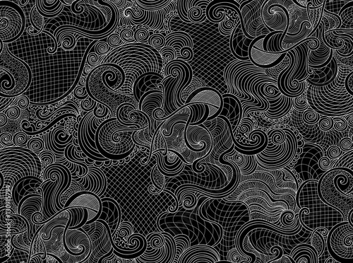 Abstract vector black and white seamless pattern with figured interlaced lines