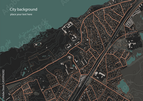 Illustration of an fictional district plan. Quarter residential low-rise buildings on the banks of the river. Vector illustration in dark tones