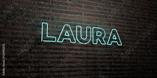 LAURA -Realistic Neon Sign on Brick Wall background - 3D rendered royalty free stock image. Can be used for online banner ads and direct mailers..