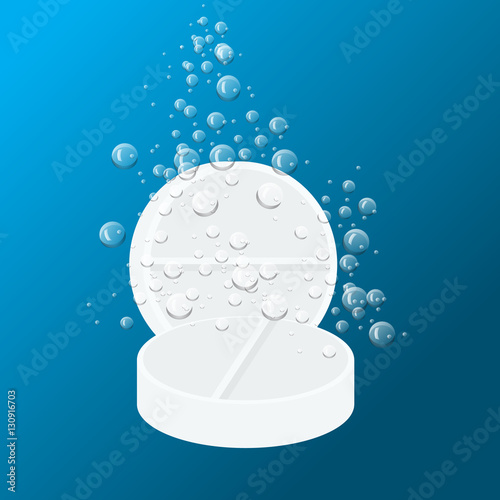 Tablet Dissolving in water isolated on white. Tablet with water drops. Vector illustration. Medicine packaging design template.