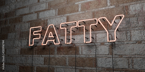FATTY - Glowing Neon Sign on stonework wall - 3D rendered royalty free stock illustration. Can be used for online banner ads and direct mailers..