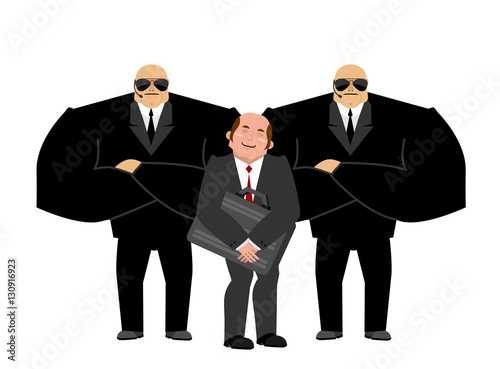 Bodyguard Services and businessman with suitcase. VIP protection